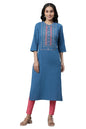 Aurelia Women's Blue Floral Printed Printed Thread Work Cotton-Rayon Straight Long Kurta