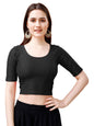 Pujia Mills WomenS Readymade Dobby Cotton Lycra Stretchable Round Neck Half Sleeve Blouse Fancy Black Color Lycra Stretchable B
