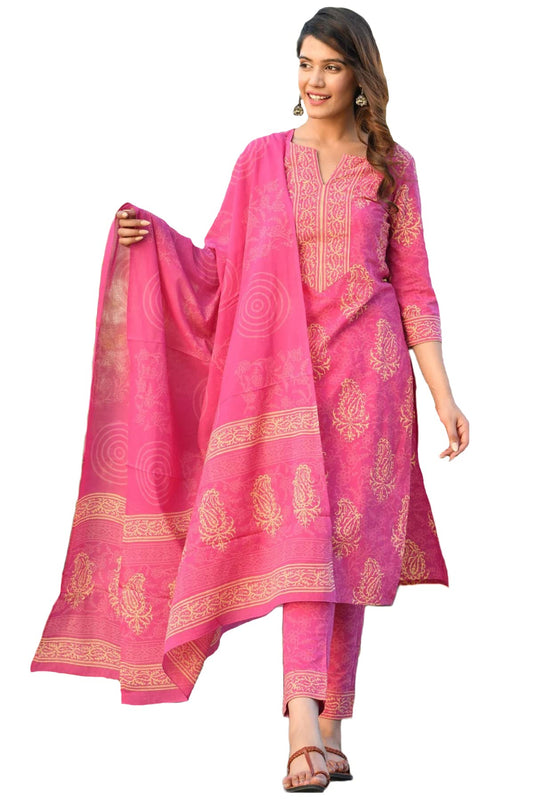 ANNI DESIGNER Women's Rayon Blend Straight Printed Kurta with Pant & Dupatta (OPEN-PINK)