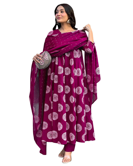 Toochki WomenS Rayon Viscose Anarkali Printed Kurta With Palazzo & Dupatta Dark Pink