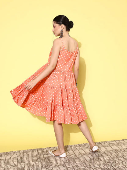 Varanga Peach Polka Dots Printed Tiered Dress