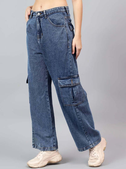 Kotty WomenS High Rise Solid Cotton Blend Stylish Cargo Jeans(Blue,30)