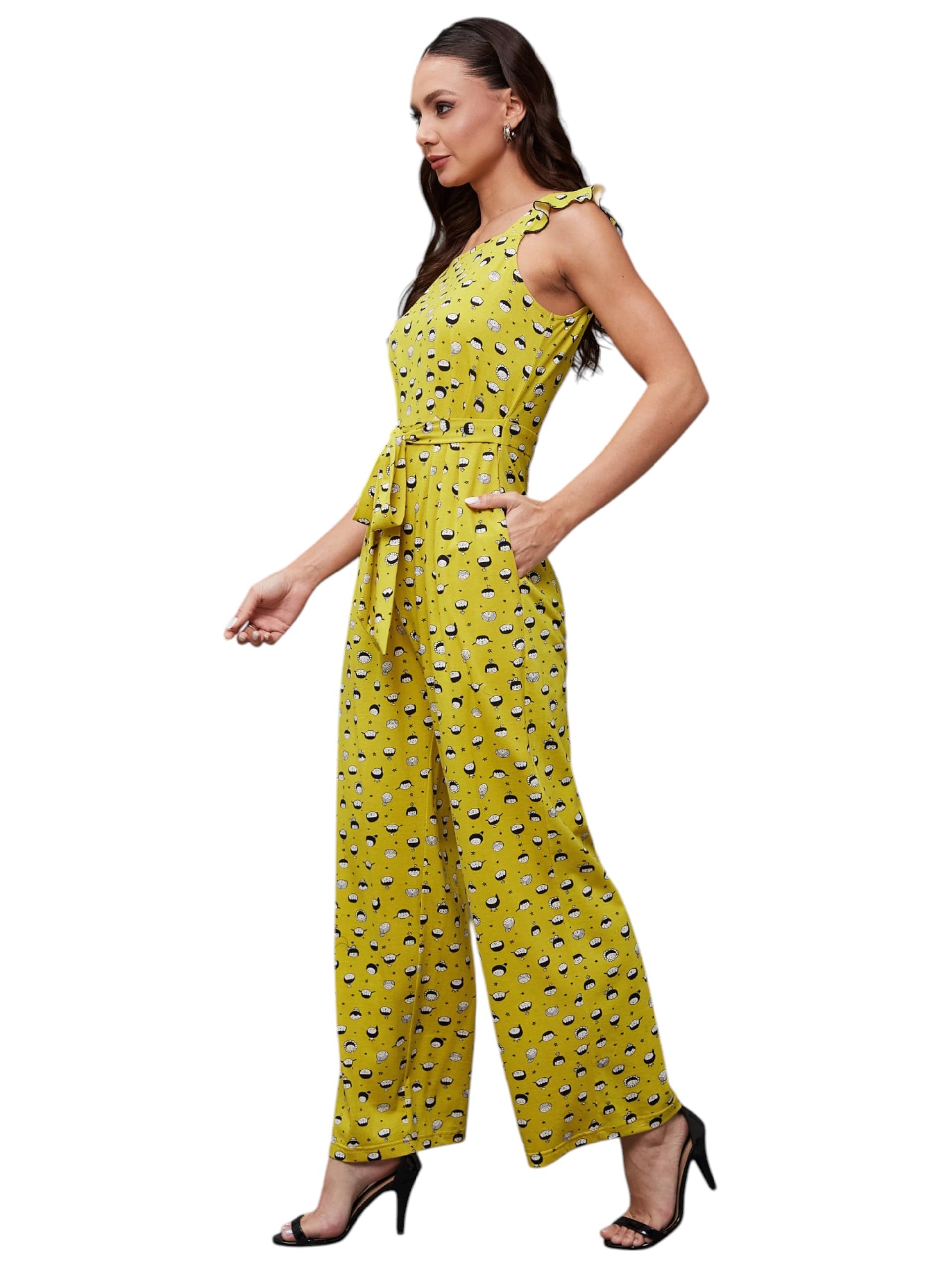 Miss Chase Womens Square Neck Sleeveless Waist Tie Up Regular Length Cotton Jumpsuit (MCSS25D93-17-207-06, Multicolored Base Mu