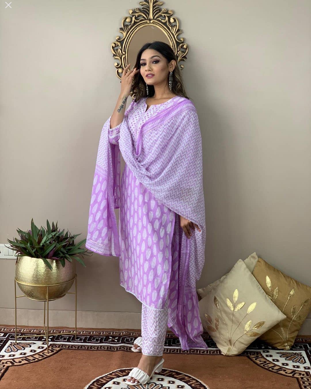 ANNI DESIGNER Women's Cotton Blend Straight Printed Kurta with Pant & Dupatta (Baiyaan Purple_L_Purple_Large)