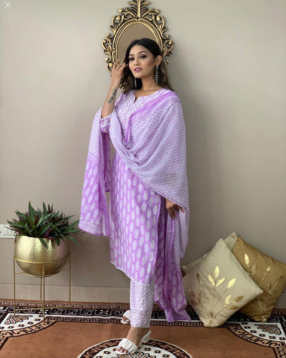 ANNI DESIGNER Women's Cotton Blend Straight Printed Kurta with Pant & Dupatta (Baiyaan Purple_L_Purple_Large)