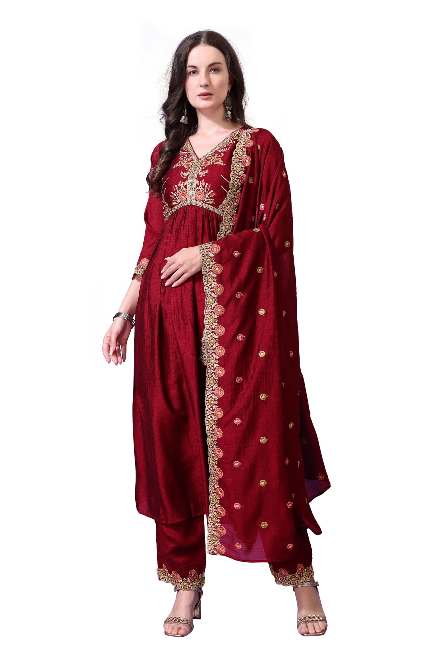 Pratham Blue WomenS Silk Embroidered Anarkali Kurta Palazzos With Dupatta |Kurta Sets For Women |Women Kurta |Women Embroidered