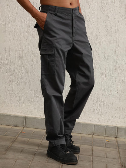 Hubberholme Men Charcoal Cotton Loose Fit Mid-Rise Trousers