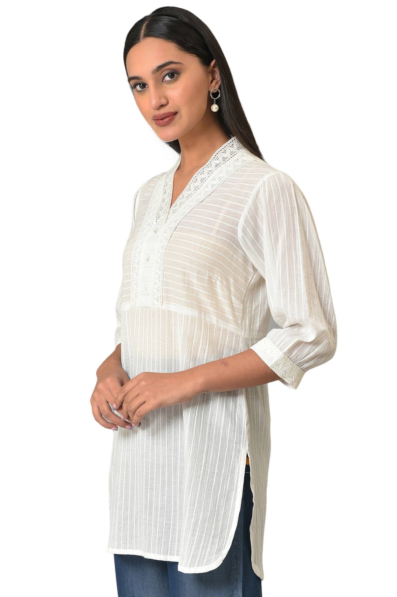 Aurelia Womens Solid Regular White Striped Cotton V-Neck Kurti (23FEA30336-605281
