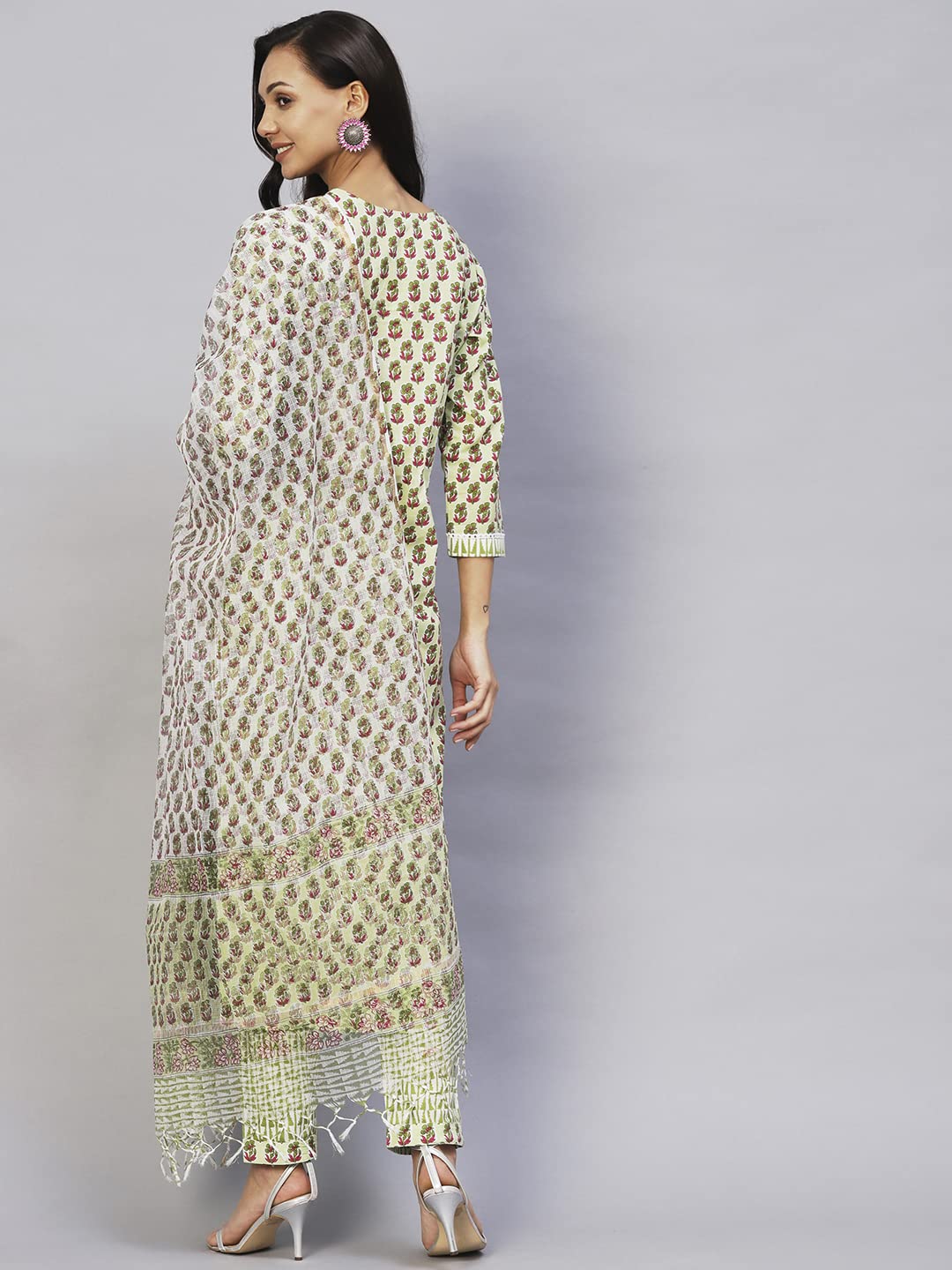 ANNI DESIGNER Women's Cotton Blend Straight Printed Kurta with Pant & Dupatta (World Green)
