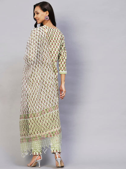 ANNI DESIGNER Women's Cotton Blend Straight Printed Kurta with Pant & Dupatta (World Green)