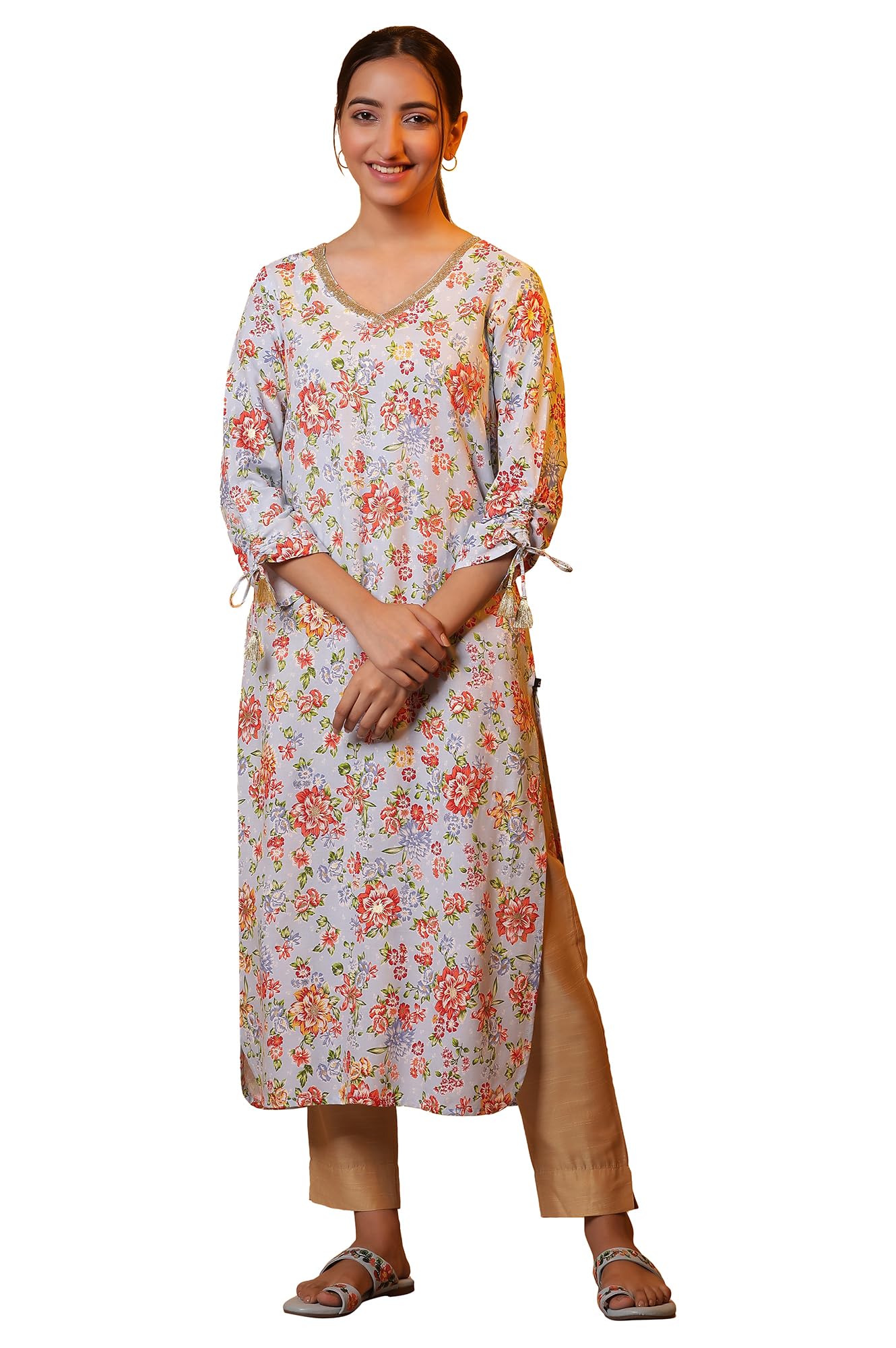 Aurelia Women Floral Print Rayon Straight Kurta_24FEA15142_2XL Blue