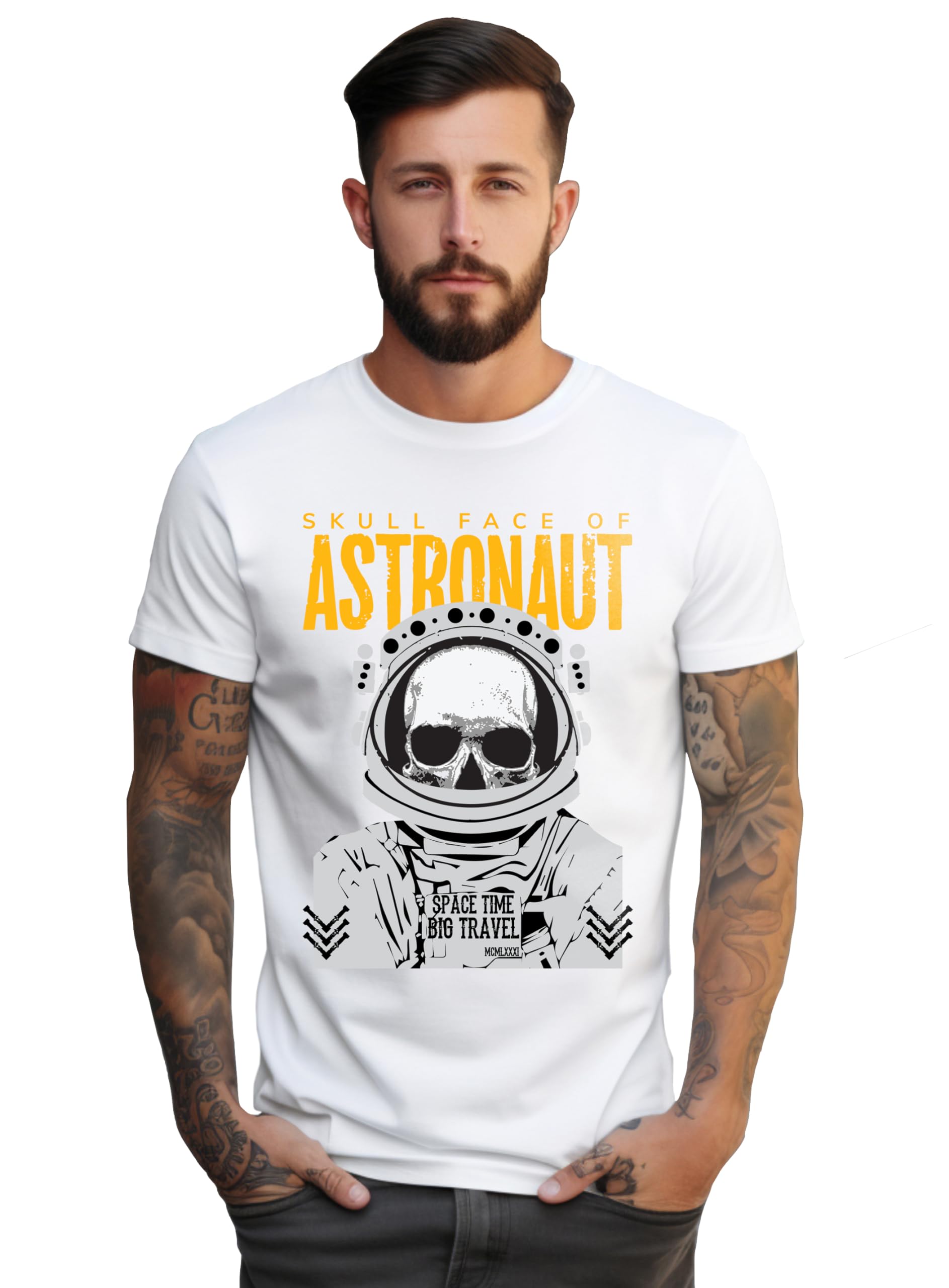 Peppyzone Mens Regular Fit T-Shirt (PZ-SkullAstronaut913_White5