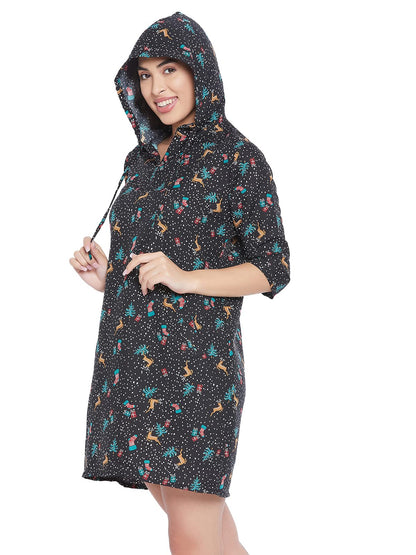 Clovia Women'S Rayon Christmas Print Short Hooded Dress (Ns1442P19_Multicolor)