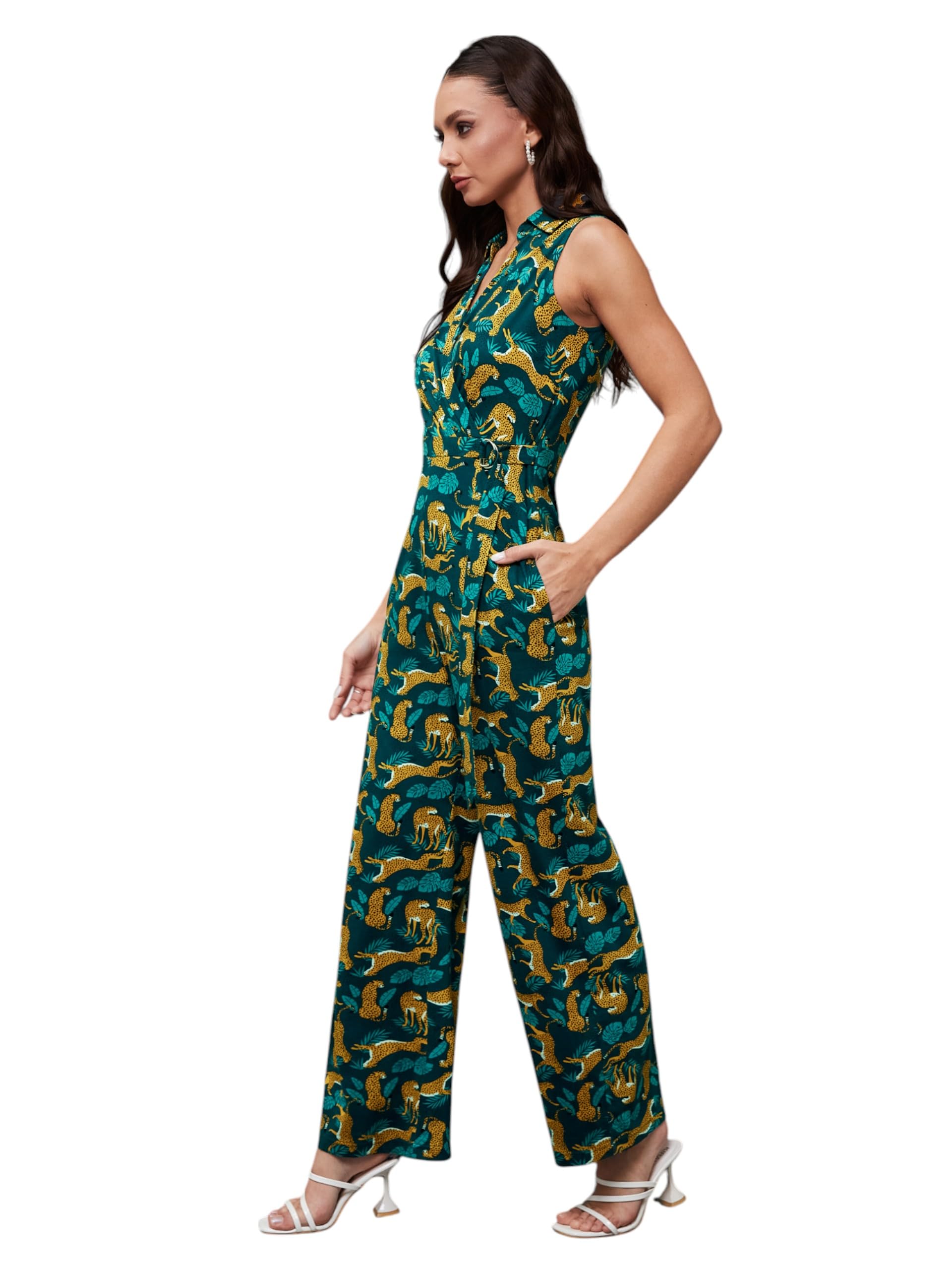Miss Chase Womens Shirt Collar Sleeveless Wrap Styled Cotton Jumpsuit (MCSS25D93-82-306-03, Multicolored Base Teal, S)