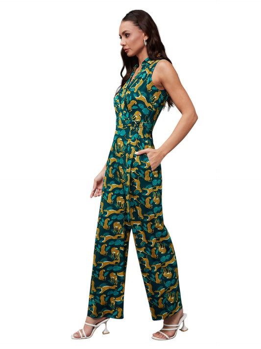 Miss Chase Womens Shirt Collar Sleeveless Wrap Styled Cotton Jumpsuit (MCSS25D93-82-306-03, Multicolored Base Teal, S)