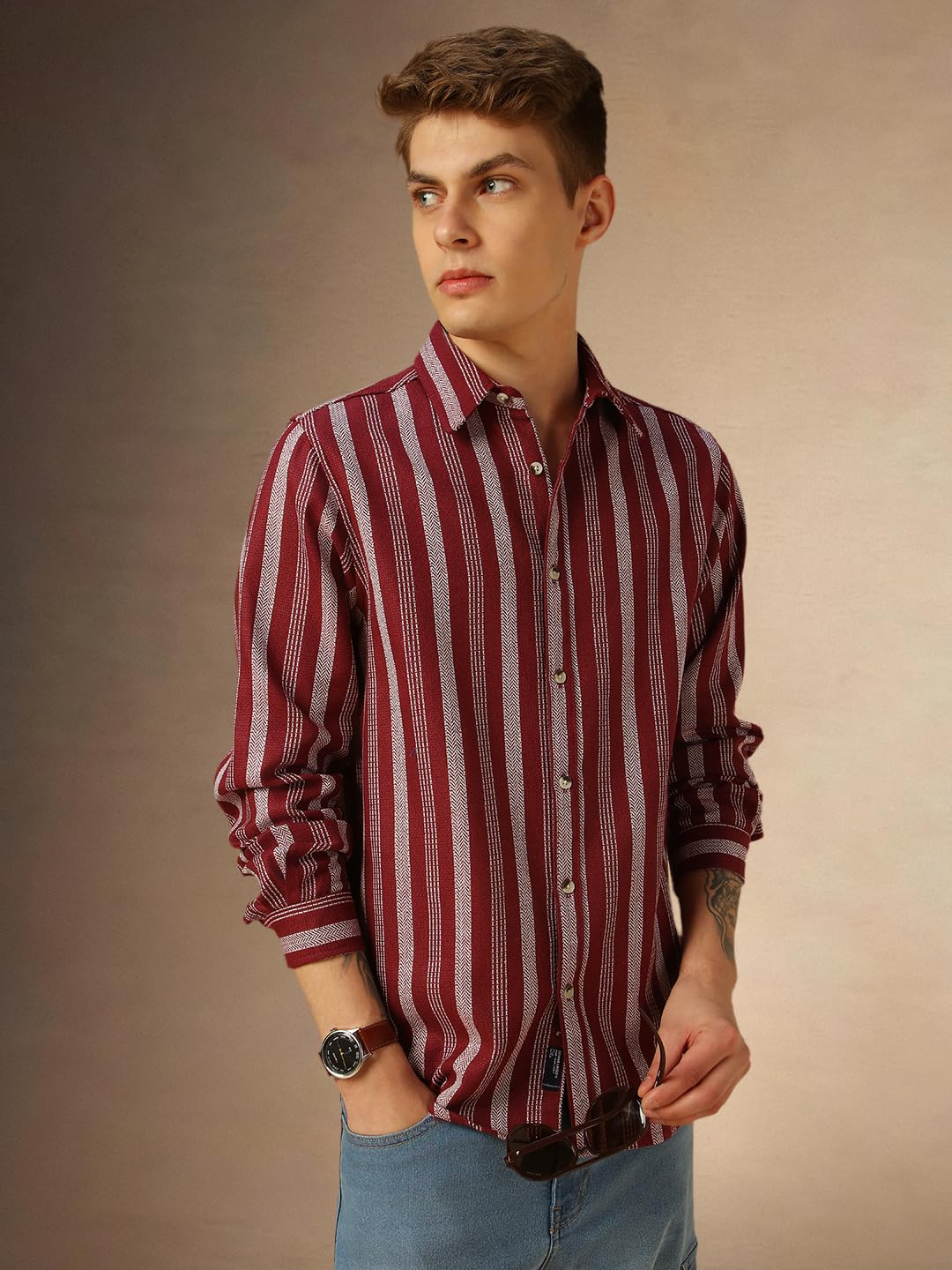 Dennis Lingo Men Maroon Stripes Cotton Regular Fit Full Sleeves Spread Collar Casual Shirt