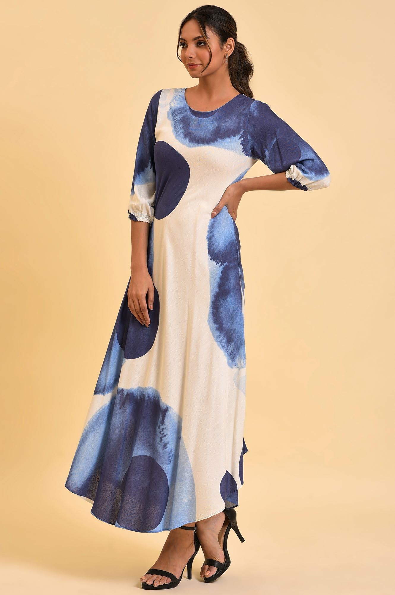 W For Woman WomenS Rayon Ecru Flared Dress With Bold Blue Prints Ankle Length 23Few18772-120813