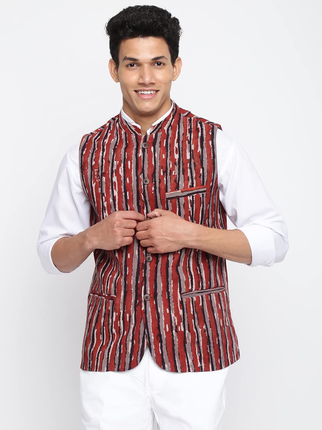 Fabindia Men Cotton Slim Fit Printed Jacket Brown_L