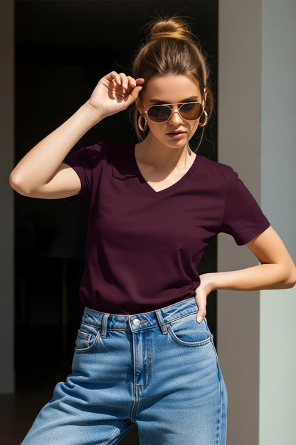 Juneberry Women Solid V Neck Pure Cotton T-Shirt