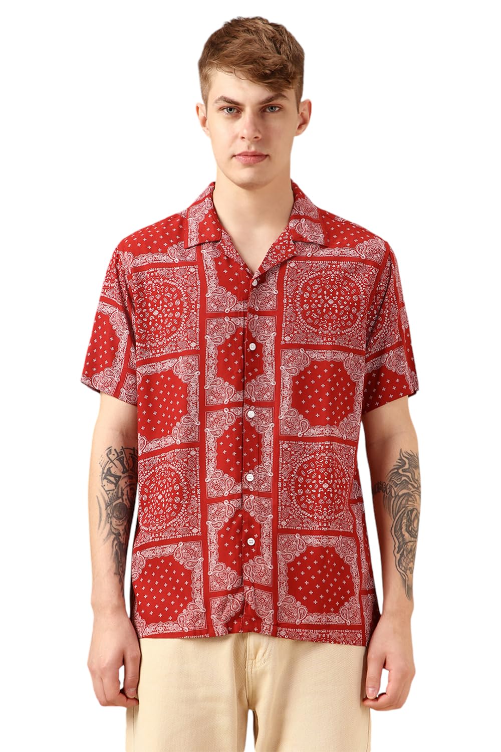 Dennis Lingo Men Red Rayon Half Sleeve Cuban Collar Printed Shirts
