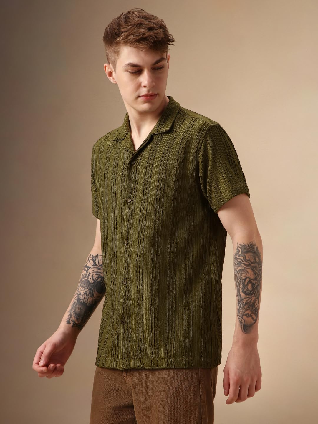 Dennis Lingo Men Olive Poly Seersucker Half Sleeve Shirt Collar Stripes Shirts