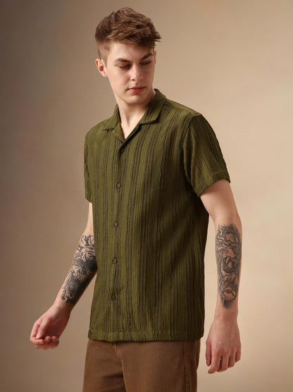 Dennis Lingo Men Olive Poly Seersucker Half Sleeve Shirt Collar Stripes Shirts