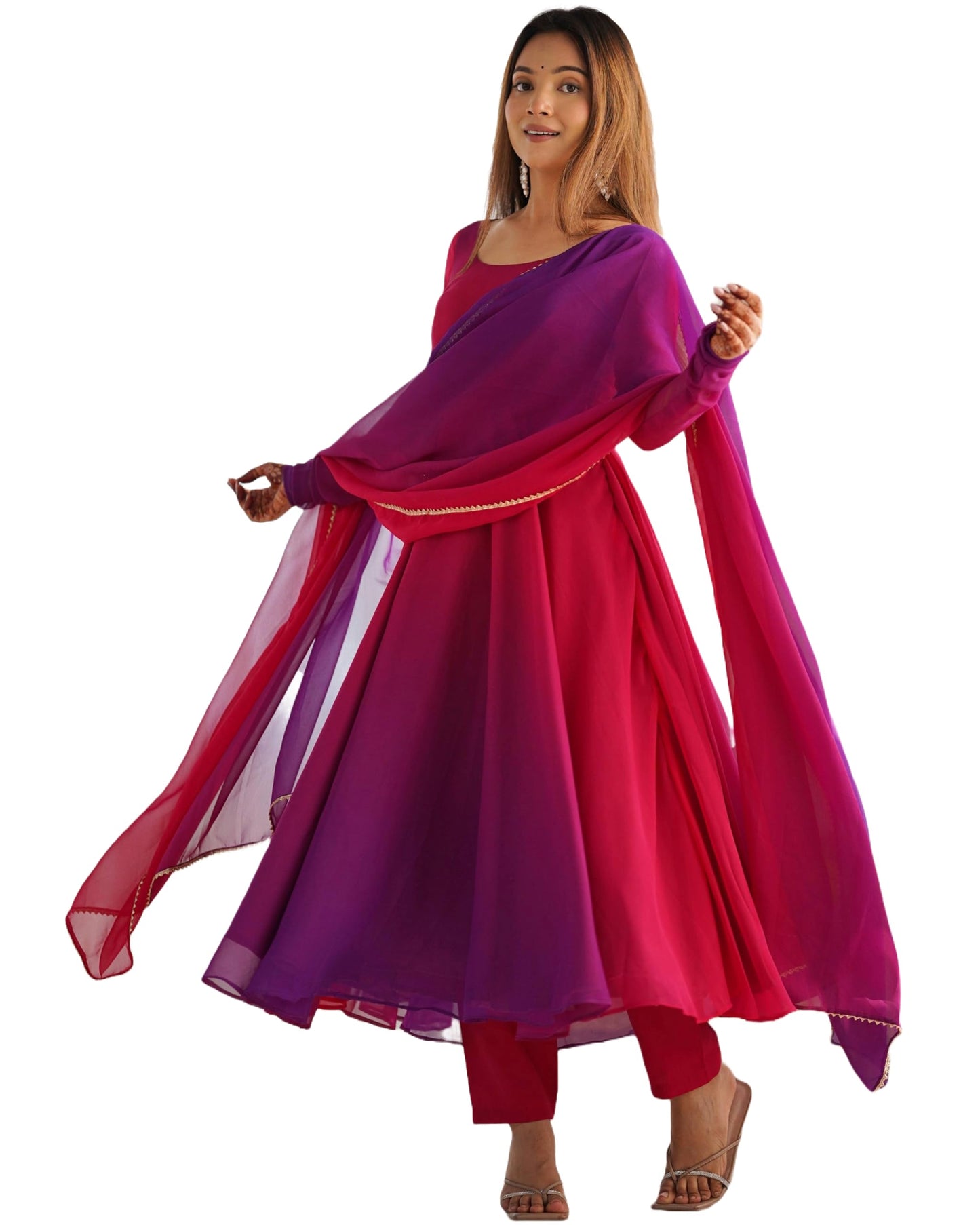 Gosriki WomenS Georgette Anarkali Solid Kurta With Pant & Dupatta (Sade Pink-Gs_S_Pink_Small)