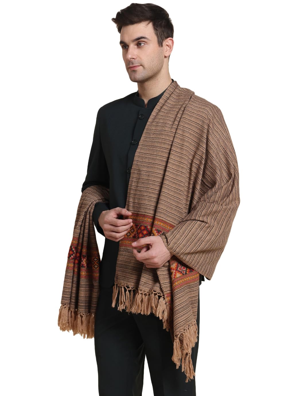 Weavers Villa Mens Acro Wool Blended Shawl - Handloom Woven Kullu Pattern - Stoles for Men - Gents Shawls - Soft & Warm Wrap -