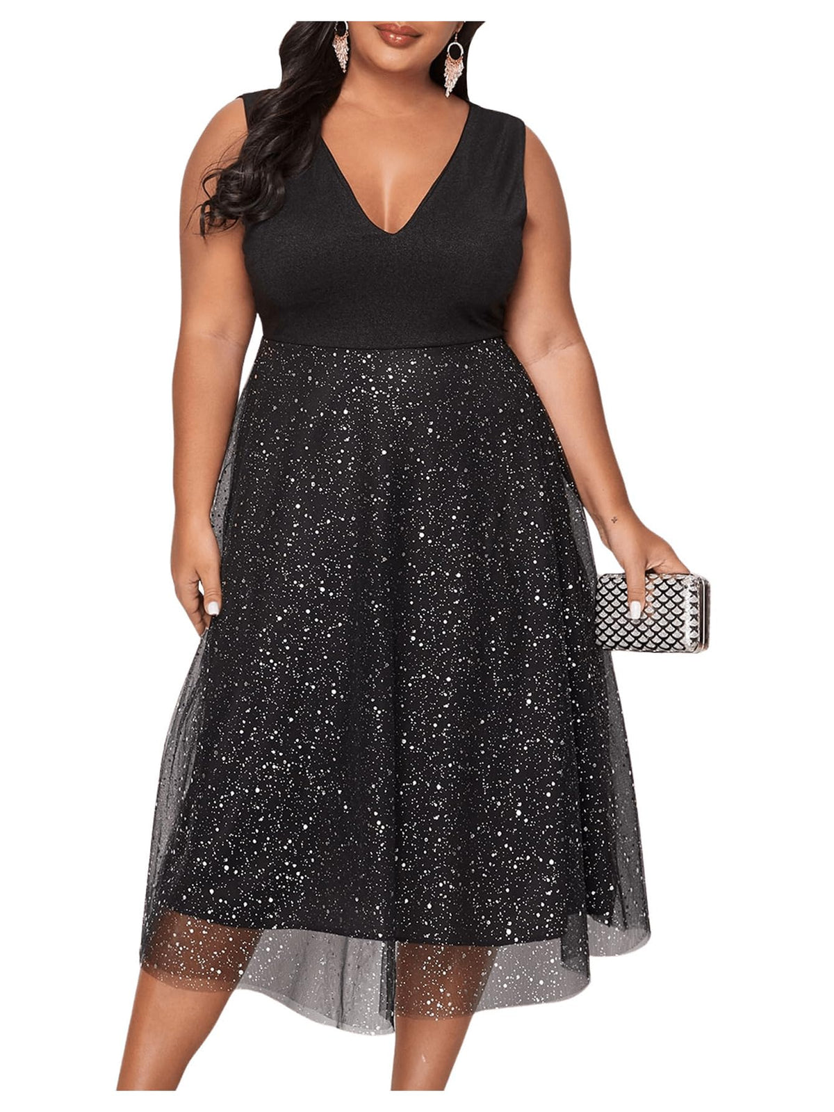 Floerns Womens Plus Size V Neck Sleeveless Sequin Cocktail Party Midi Dress Black 1XL