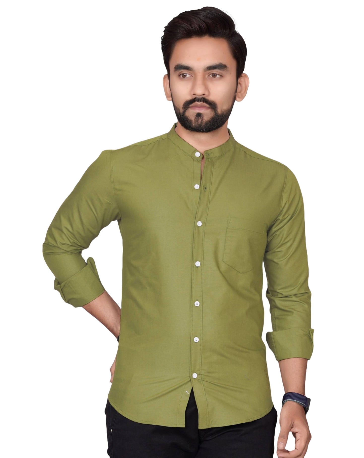 Besix MenS Cotton Solid Shirt With Mandarin Collared Full Sleeve Button Closure Curved Hem Straight Length And One Pocket | Mdr