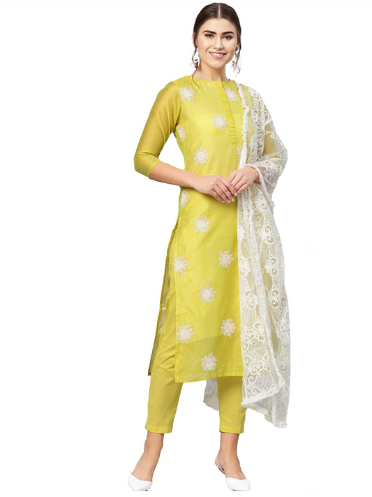 ANNI DESIGNER Womens Cotton Blend Straight Embroidered Kurta with Pant & Dupatta (ENTER-LIME-GREEN-Jan02_XXL_Lime Green_XX-Larg