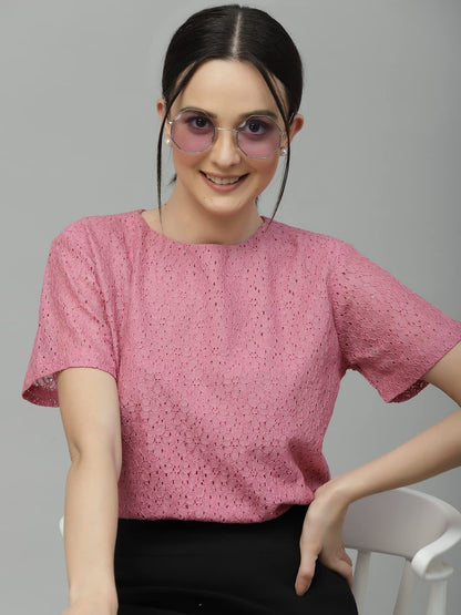 Style Quotient Women Pink Self Design Cotton Lace Regular Smart Casual Tops