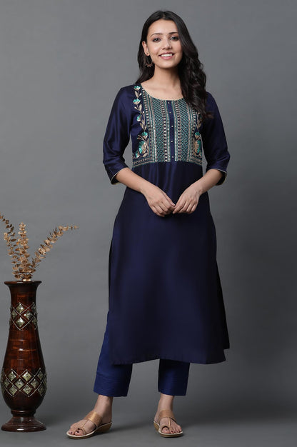 Aurelia Blue Embroidered Blend Straight Long Kurta