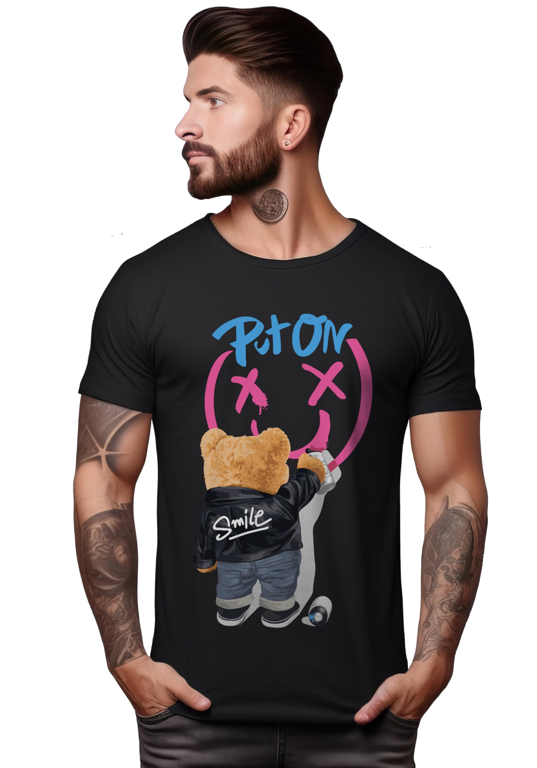 Peppyzone Mens Regular Fit T-Shirt (PZ-RT-Teddy4145_Black