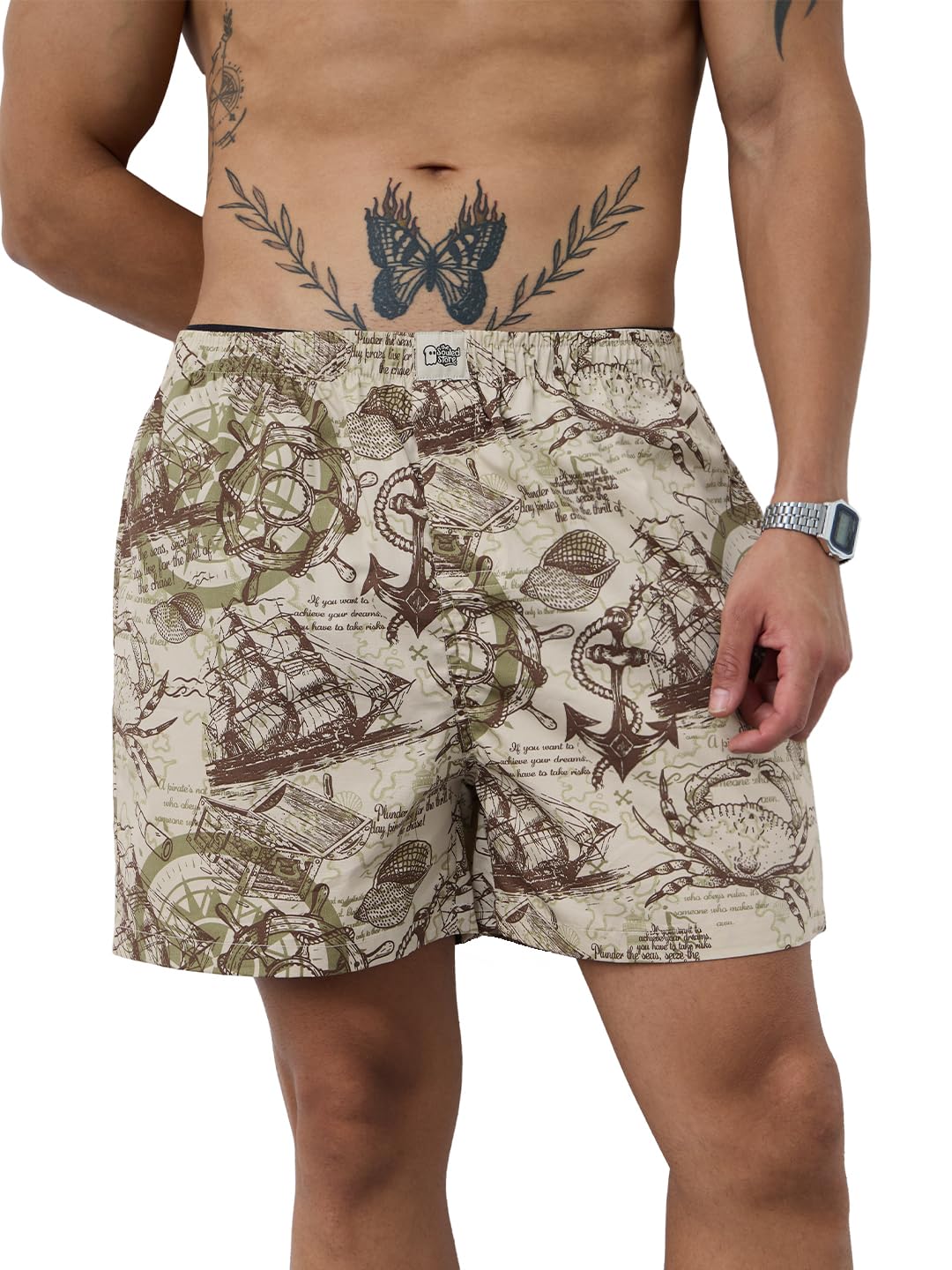 The Souled Store Sailor Wanderer Men and Boys Beige All Over Printed Regular Fit Cotton Boxer Shorts