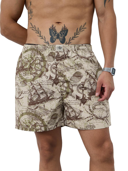 The Souled Store Sailor Wanderer Men and Boys Beige All Over Printed Regular Fit Cotton Boxer Shorts
