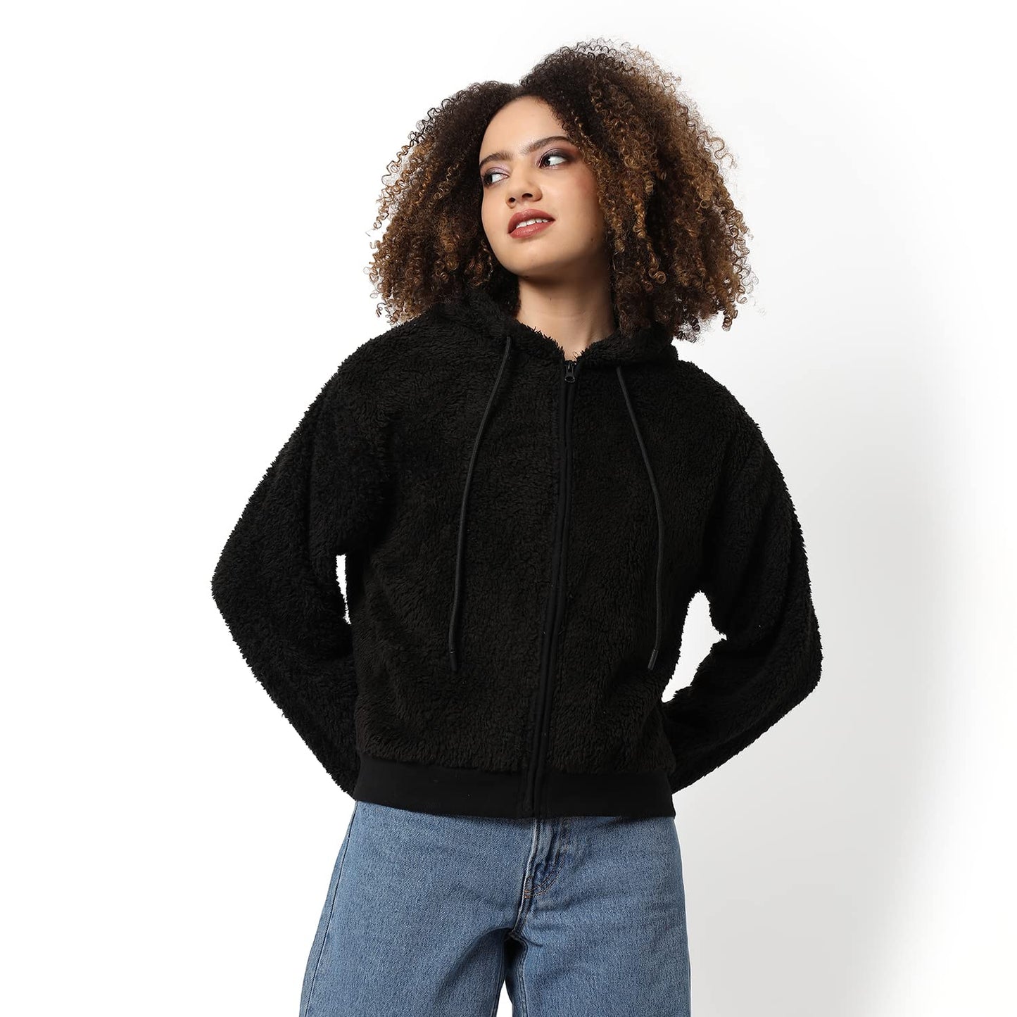 Campus Sutra Women Black Solid Regular Fit Zipper Sweatshirt with Hoodie for Winter Wear | Full Sleeves | Cotton Sweatshirt | Ca