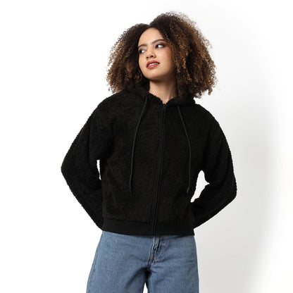 Campus Sutra Women Black Solid Regular Fit Zipper Sweatshirt with Hoodie for Winter Wear | Full Sleeves | Cotton Sweatshirt | Ca