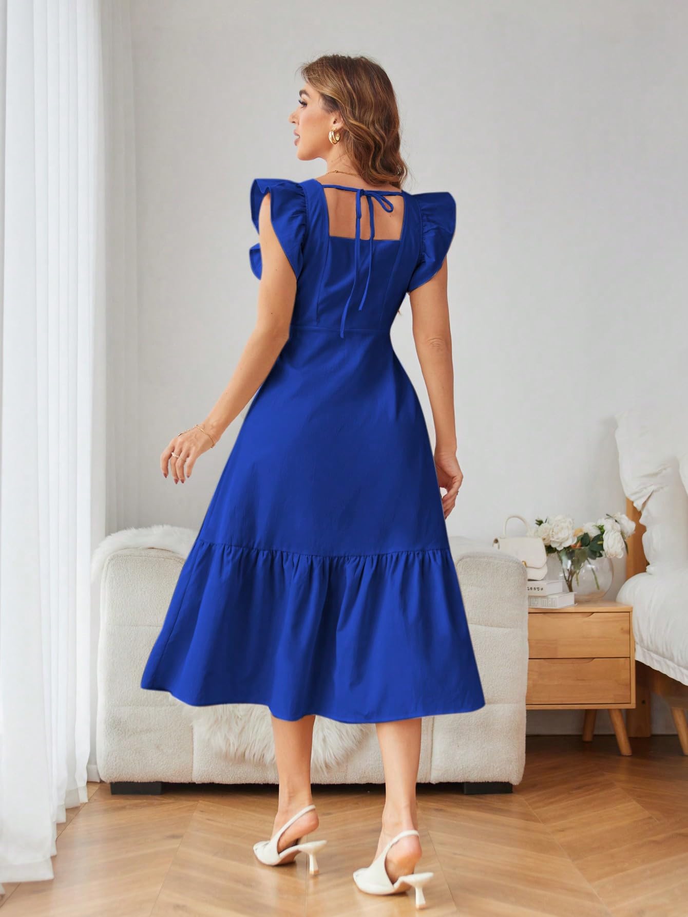 Shasmi GirlS & WomenS Solid Royal Blue Color Square Neck, Ruffle-Trimmed Hem Sleeveless, Ruffle Armhole And Casual Dress With