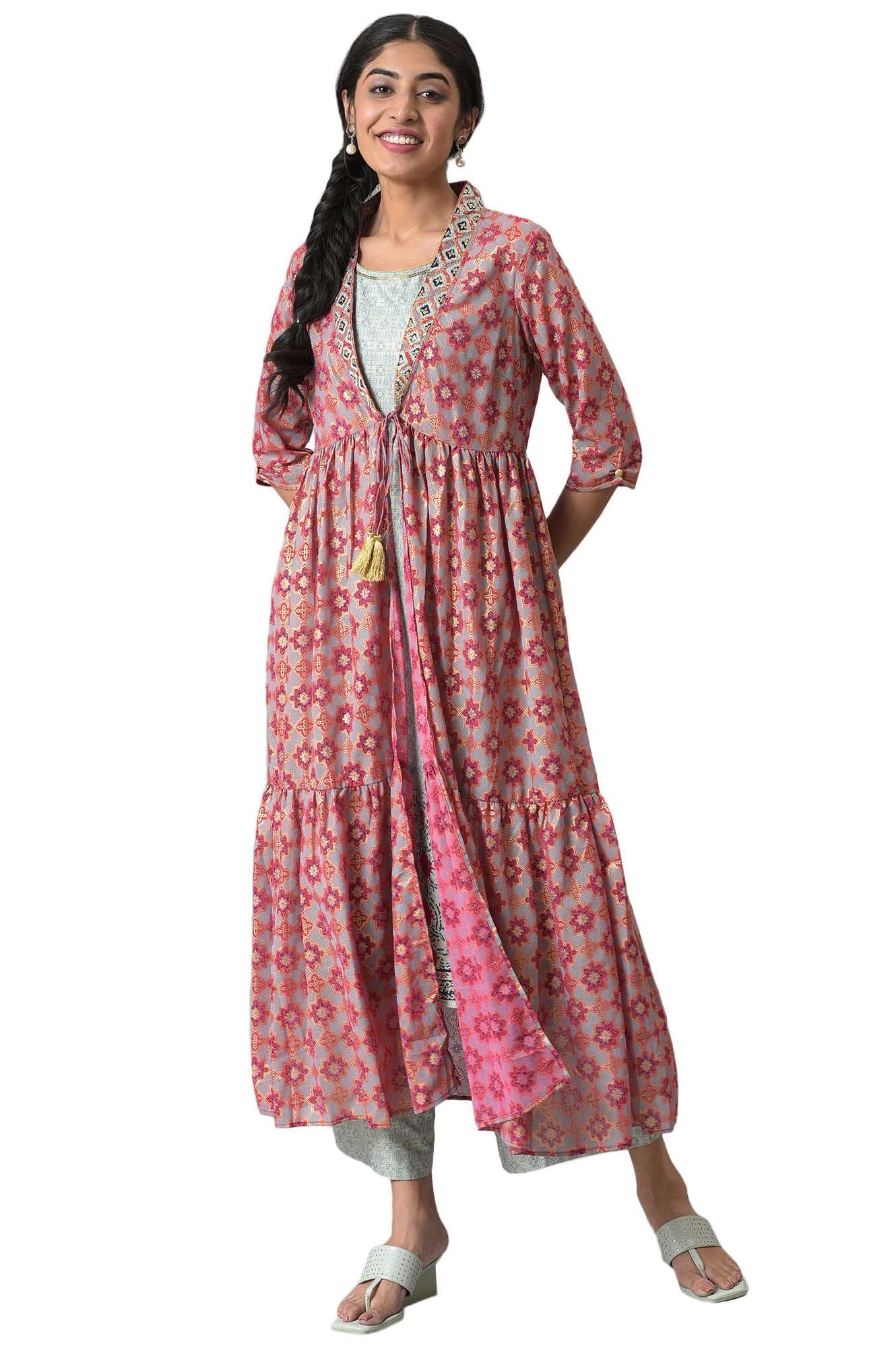 Aurelia Women Green Liva Printed Kurta and Palazzo with Pink Poly Georgette Gilet_22AUAS12678-504830_XS