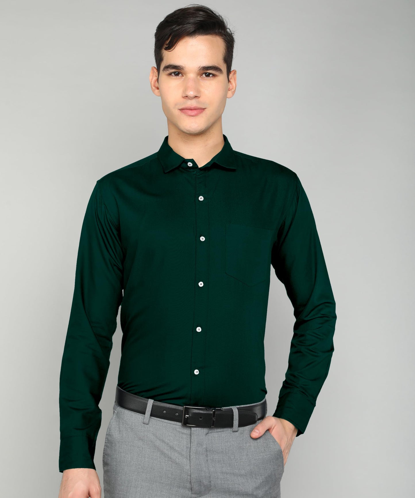 Mildin MenS Cotton Blend Solid Shirt With Spread Collared Full Sleeve Curved Hemline Button Closure Slim Fit And One Pocket | S