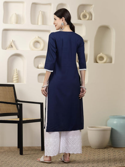 Stylum Women's Solid & Embroidered Rayon Straight Chicken Kurta (BLUEBLAST_Navy Blue)