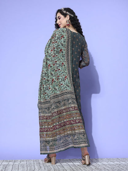 VARANGA Women Grey Paisley Printed Kurta Paired With Tonal Bottom And Thread Embroidered Dupatta