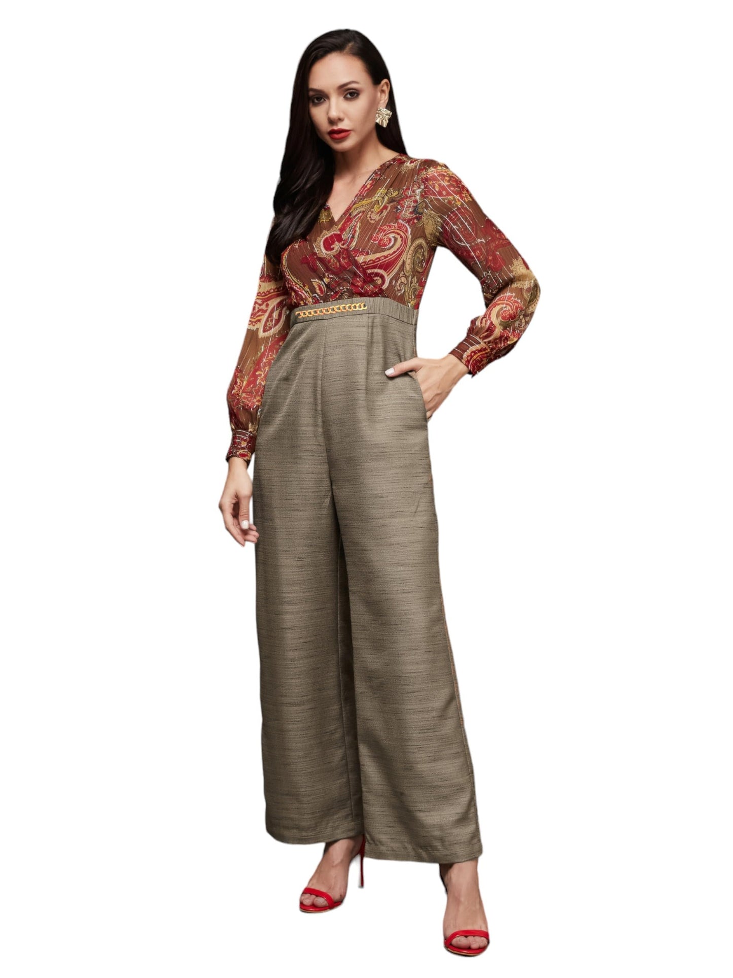 Miss Chase WomenS V-Neck Bishop Sleeve Bohemian Patterned Straight Leg Wrap Regular Jumpsuit With Pockets (Mcss23D15-74-224-06,