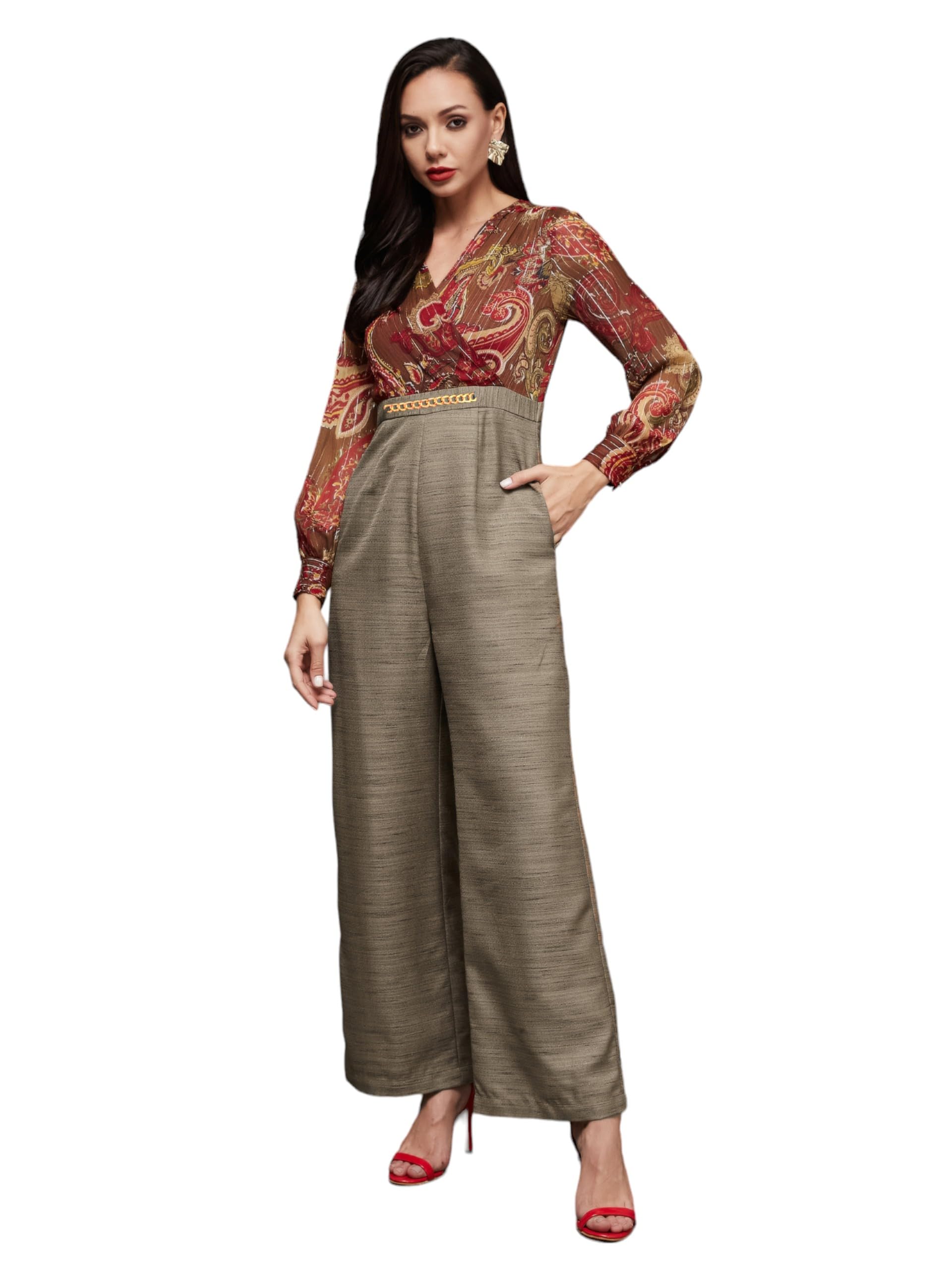 Miss Chase WomenS V-Neck Bishop Sleeve Bohemian Patterned Straight Leg Wrap Regular Jumpsuit With Pockets (Mcss23D15-74-224-06,