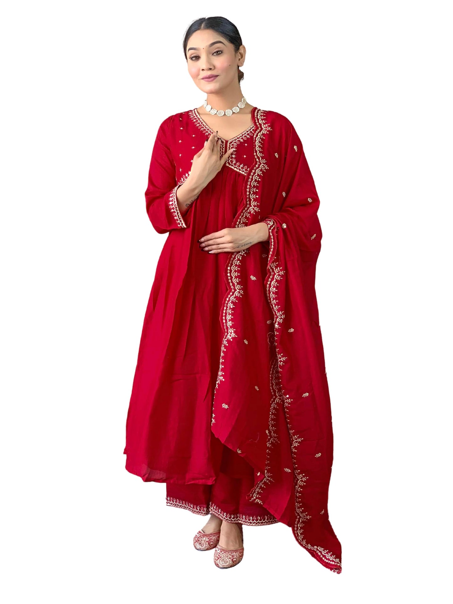 Naixa Womens Red Vichitra Silk Embroidered A-line Kurta with Vichitra Silk Pant and Chinon Embroidered Dupatta Sets (NK-443-Red