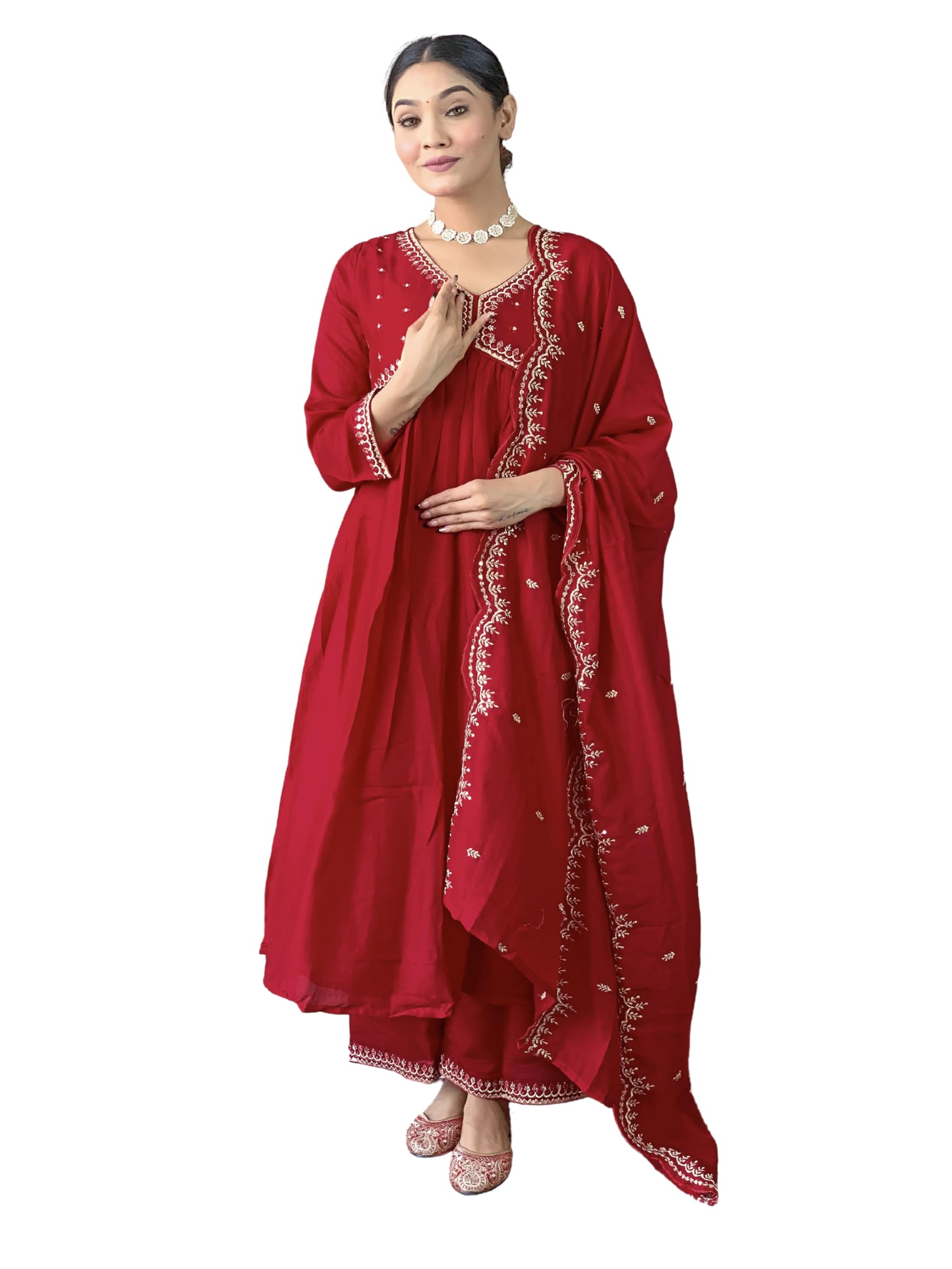Naixa Womens Red Vichitra Silk Embroidered A-line Kurta with Vichitra Silk Pant and Chinon Embroidered Dupatta Sets (NK-443-Red