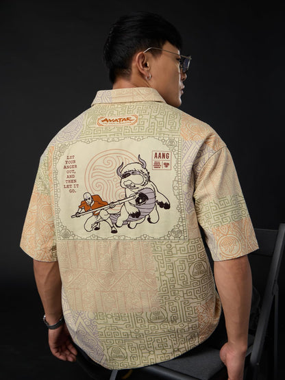 The Souled Store Avatar: Everythings Connected Men and Boys Short Sleeves Collared Neck Button Front Beige Graphic Printed Cott