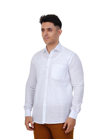 PRAKASAM COTTON Minister Cotton White Full Sleeve Shirt for Mens/White Regular Fit Full Sleeve Transparent with Self Design Shi