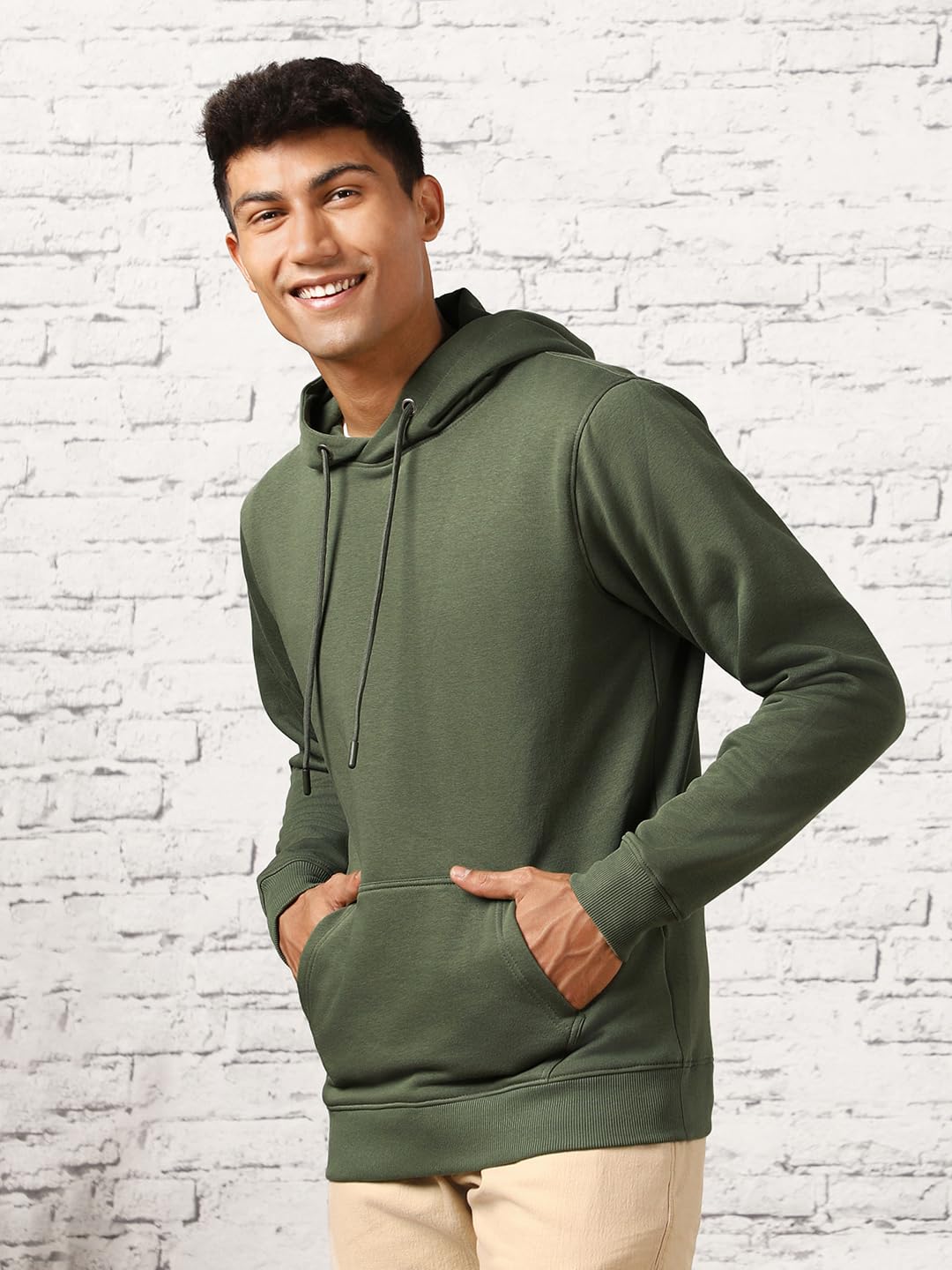 Nobero Elegant Unisex Olive Green Cotton Solid Plain Hoody Sports Winter Gym Workout Running Travel Trekking Hooded Sweatshirts